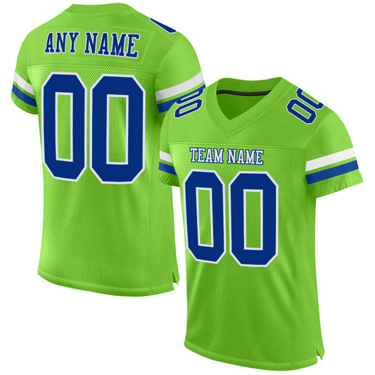 Custom Neon Green Royal-White Mesh Authentic Football Jersey - Main View