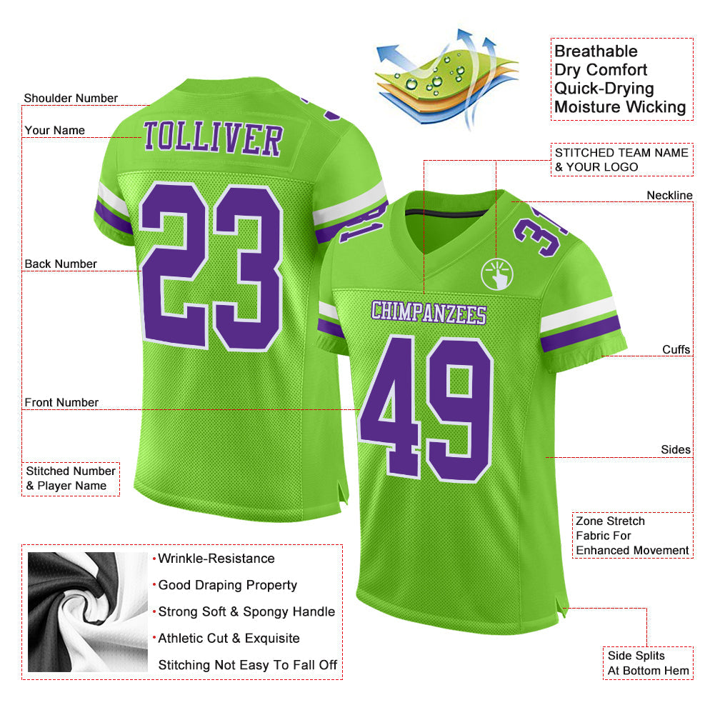 Custom Neon Green Purple-White Mesh Authentic Football Jersey view 2