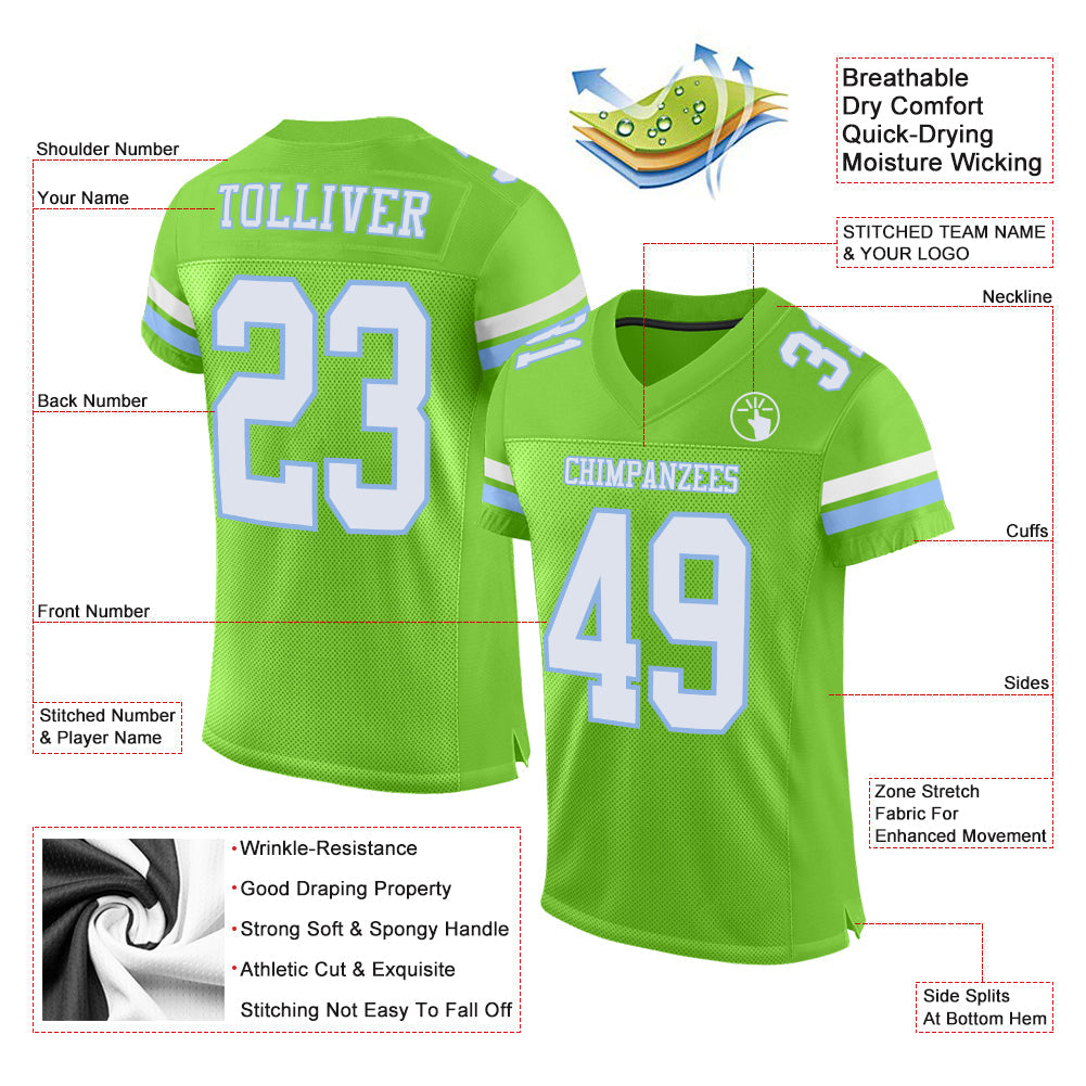 Custom Neon Green White-Light Blue Mesh Authentic Football Jersey view 2