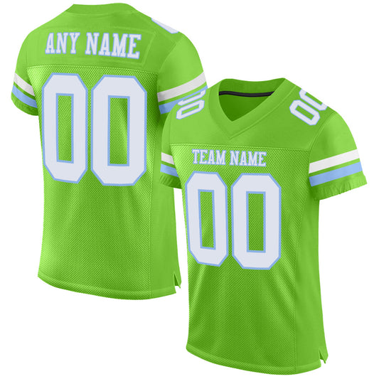 Custom Neon Green White-Light Blue Mesh Authentic Football Jersey - Main View