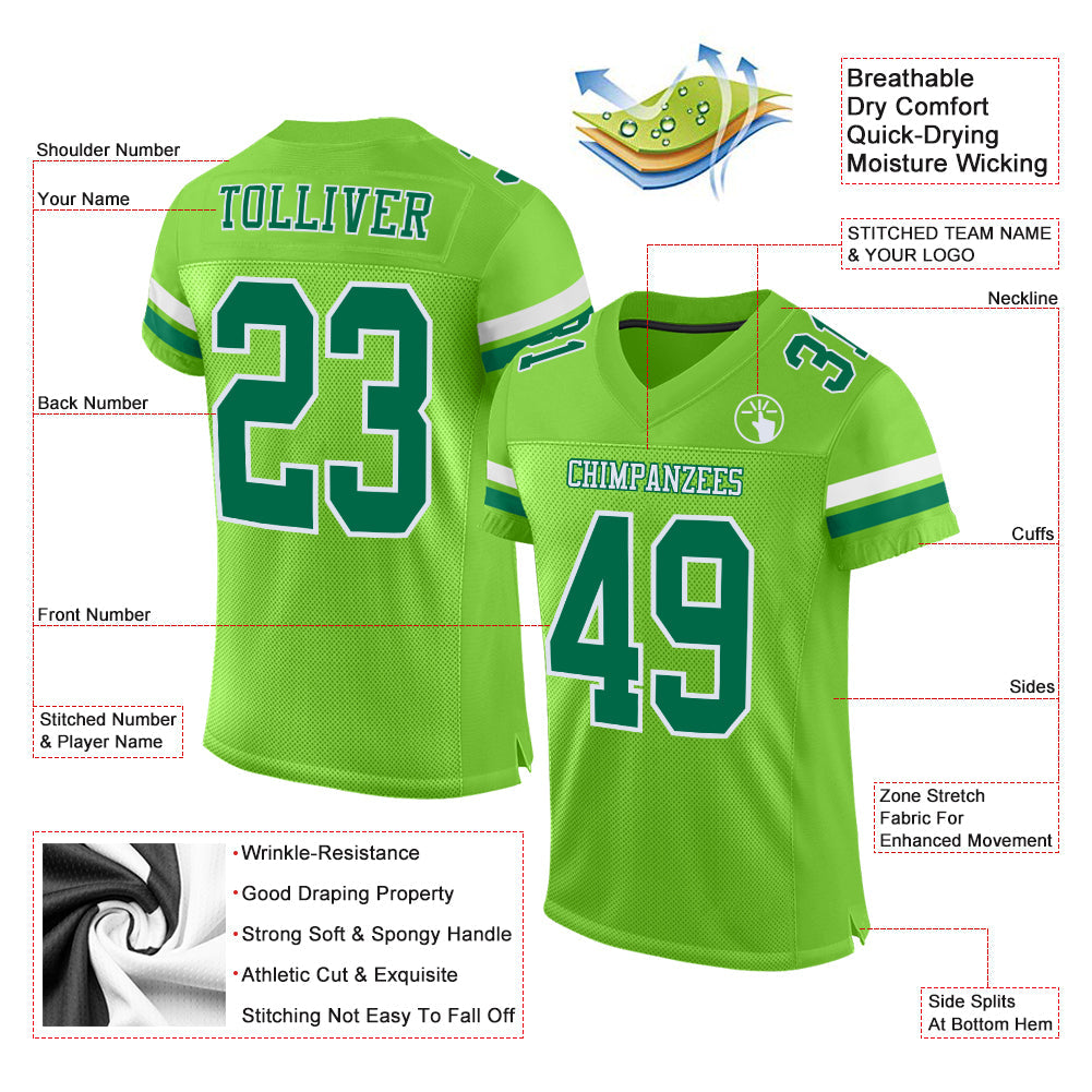 Custom Neon Green Kelly Green-White Mesh Authentic Football Jersey view 2