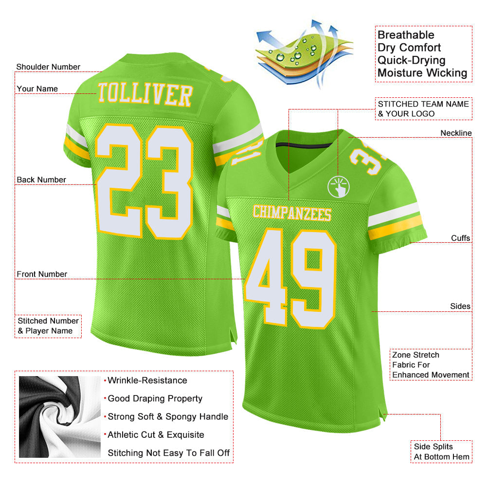 Custom Neon Green White-Yellow Mesh Authentic Football Jersey view 2