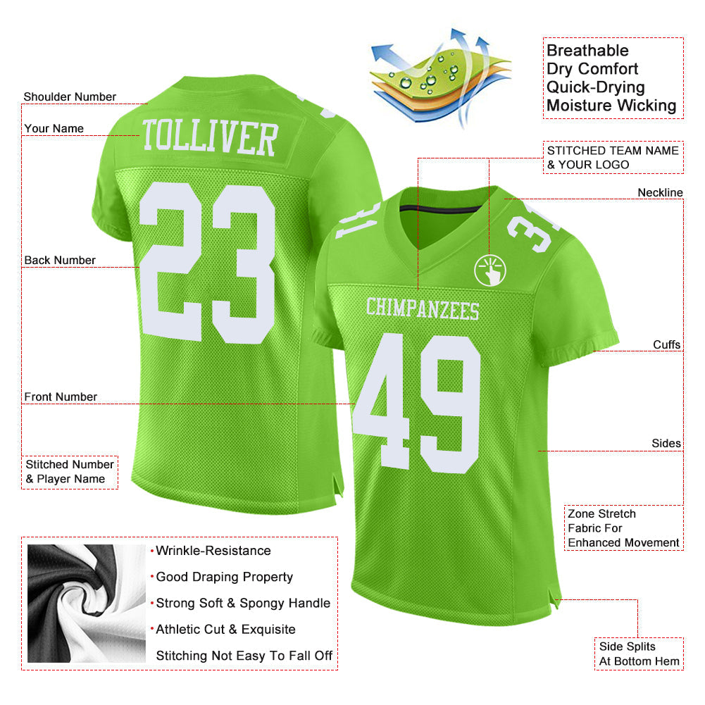 Custom Neon Green White Mesh Authentic Football Jersey view 2