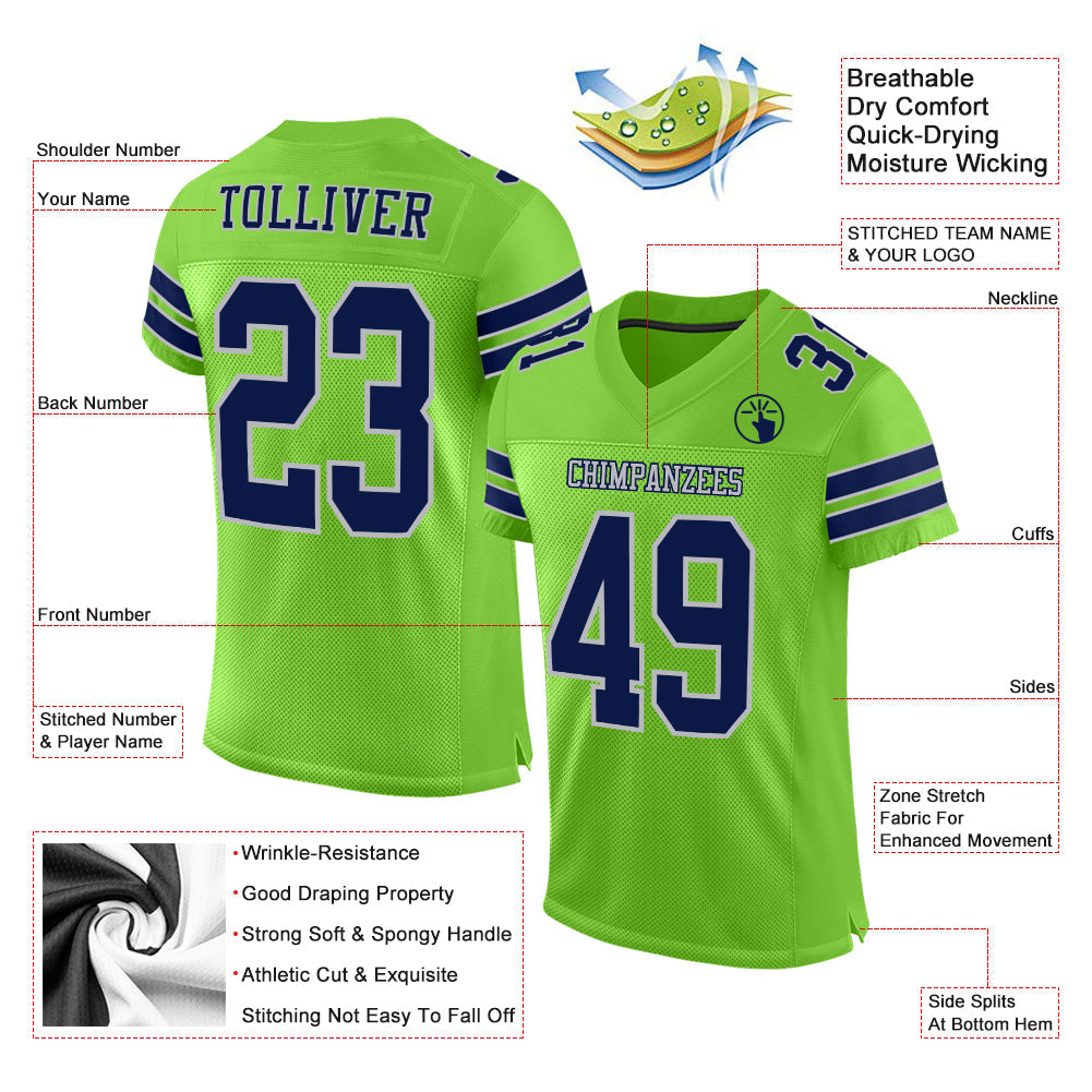 Custom Neon Green Navy-Gray Mesh Authentic Football Jersey view 2