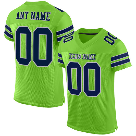 Custom Neon Green Navy-Gray Mesh Authentic Football Jersey - Main View