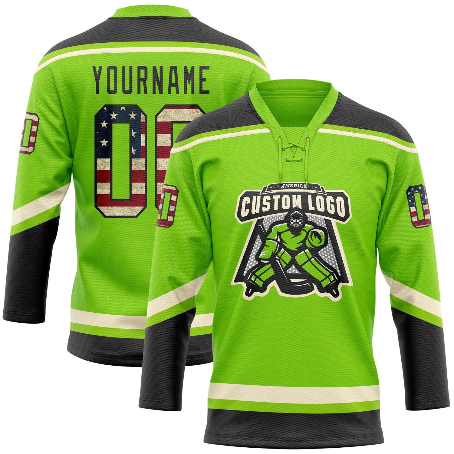 Custom Neon Green Vintage USA Flag Black-Cream Hockey Lace Neck Jersey view 2