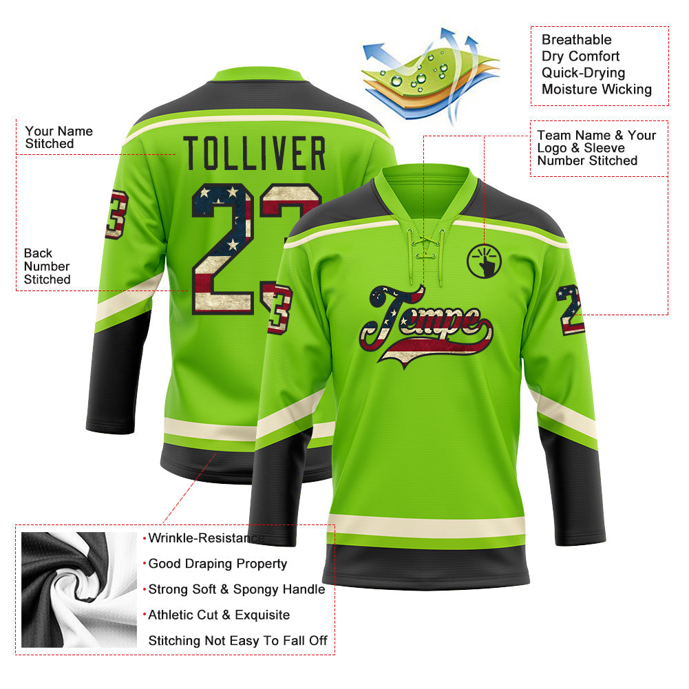 Custom Neon Green Vintage USA Flag Black-Cream Hockey Lace Neck Jersey view 3
