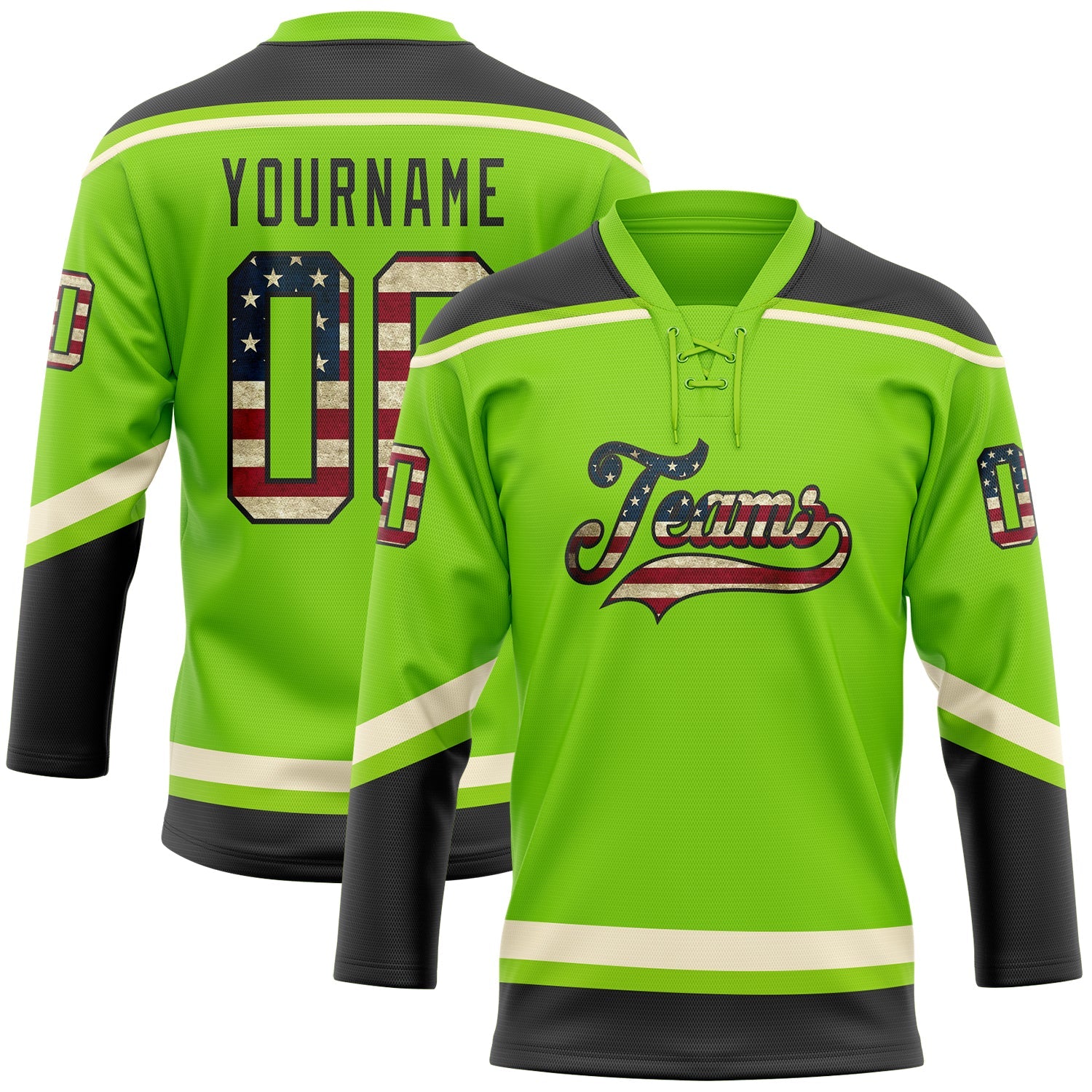 Custom Neon Green Vintage USA Flag Black-Cream Hockey Lace Neck Jersey - Main View