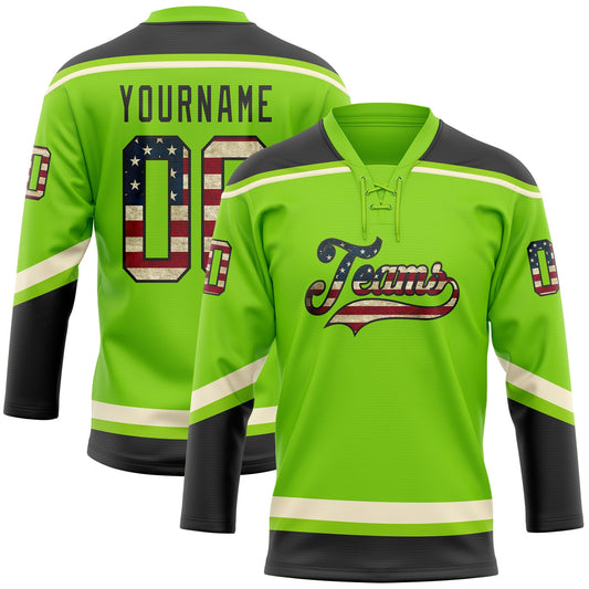 Custom Neon Green Vintage USA Flag Black-Cream Hockey Lace Neck Jersey - Main View