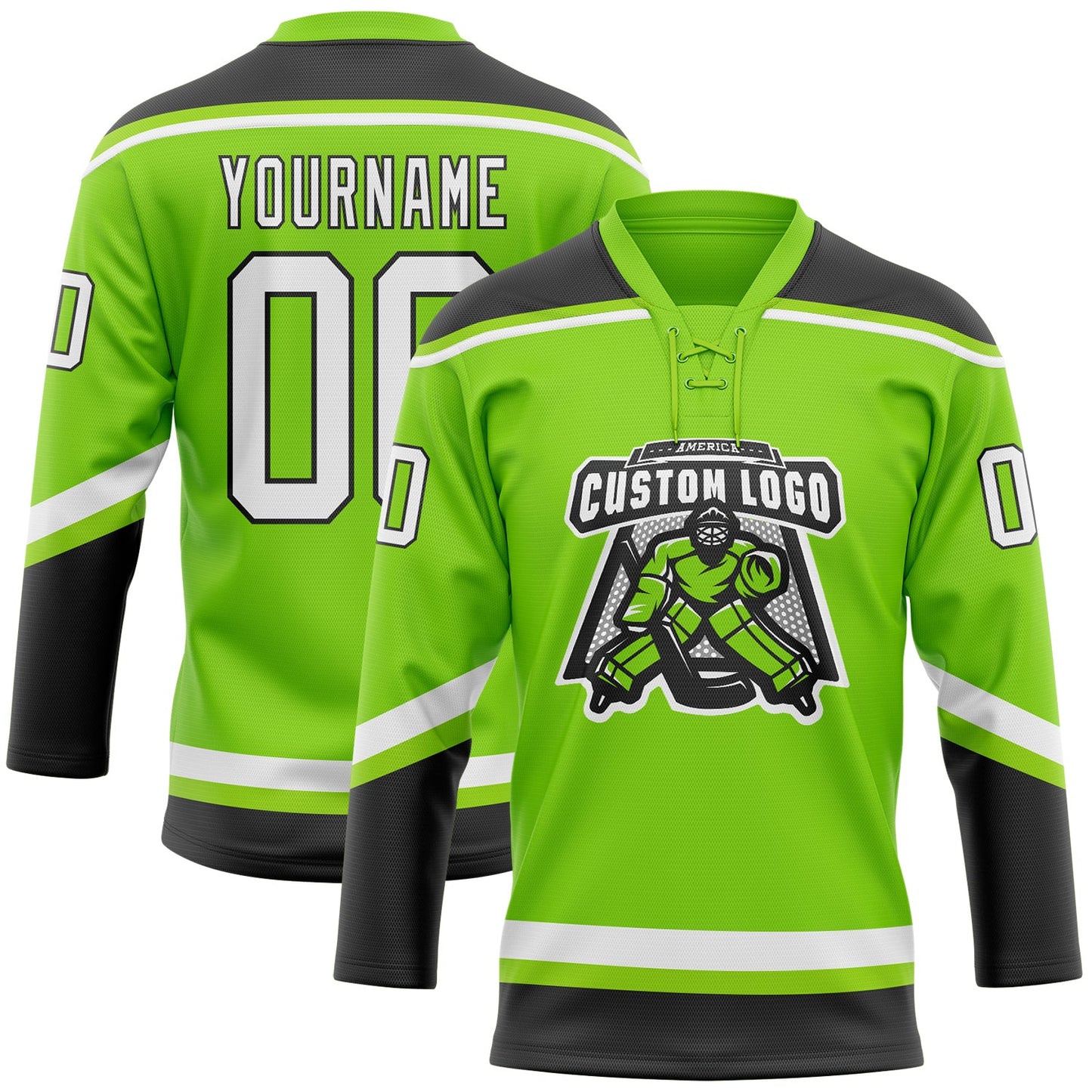 Custom Neon Green White-Black Hockey Lace Neck Jersey view 2