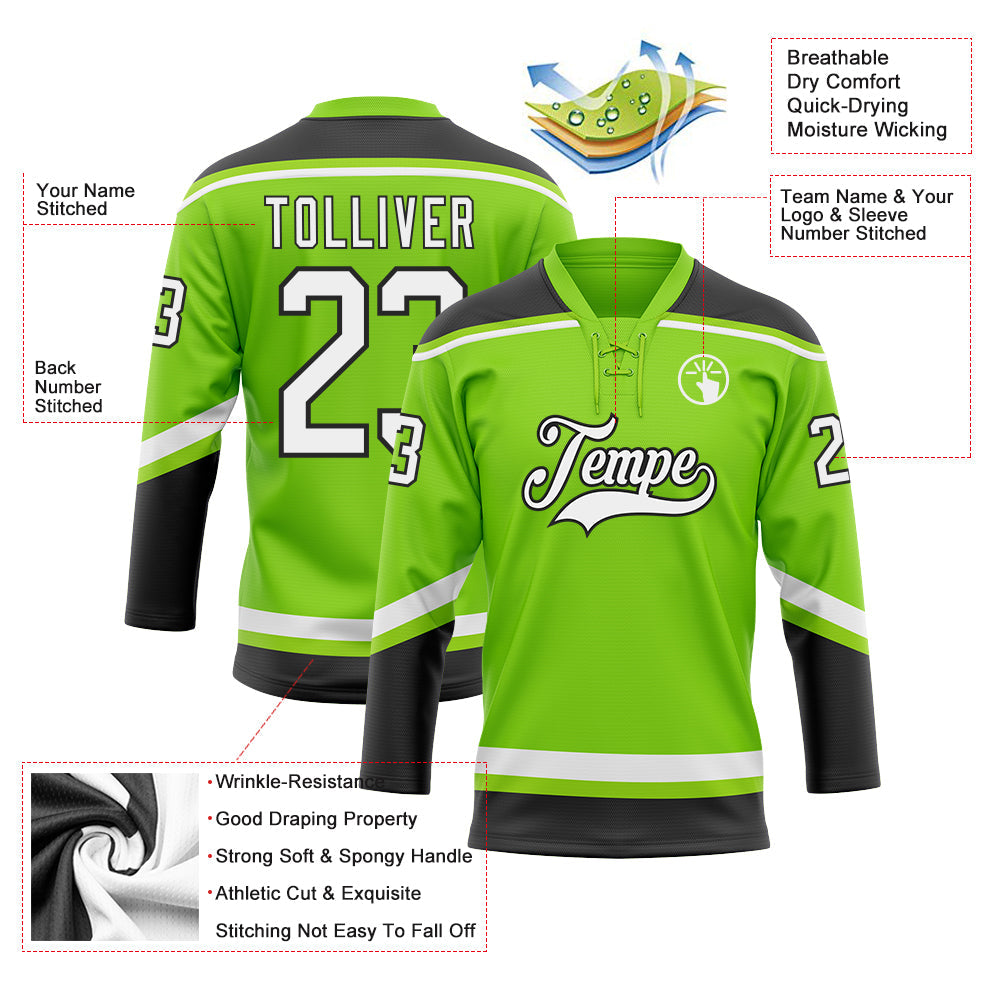 Custom Neon Green White-Black Hockey Lace Neck Jersey view 3