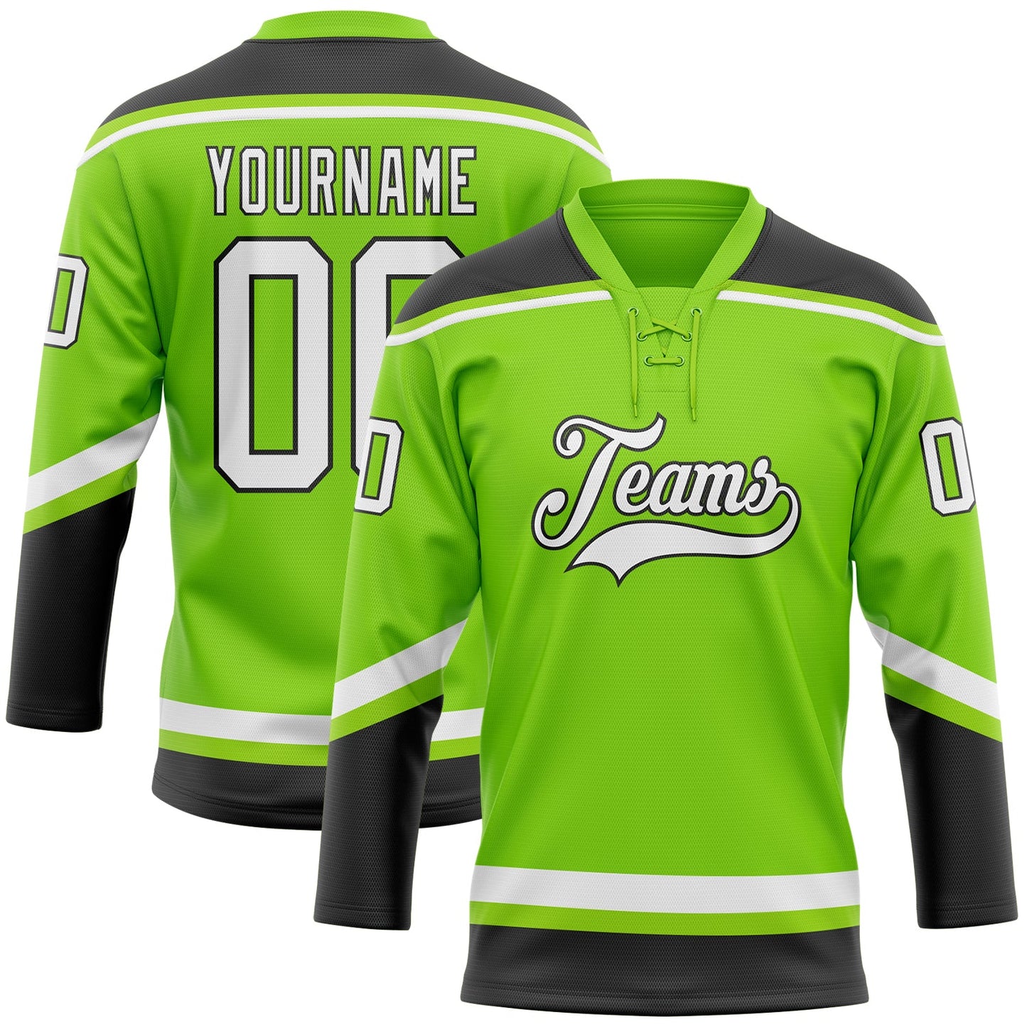 Custom Neon Green White-Black Hockey Lace Neck Jersey - Main View
