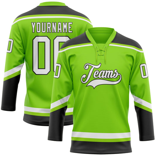 Custom Neon Green White-Black Hockey Lace Neck Jersey - Main View