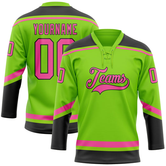 Custom Neon Green Pink-Black Hockey Lace Neck Jersey - Main View