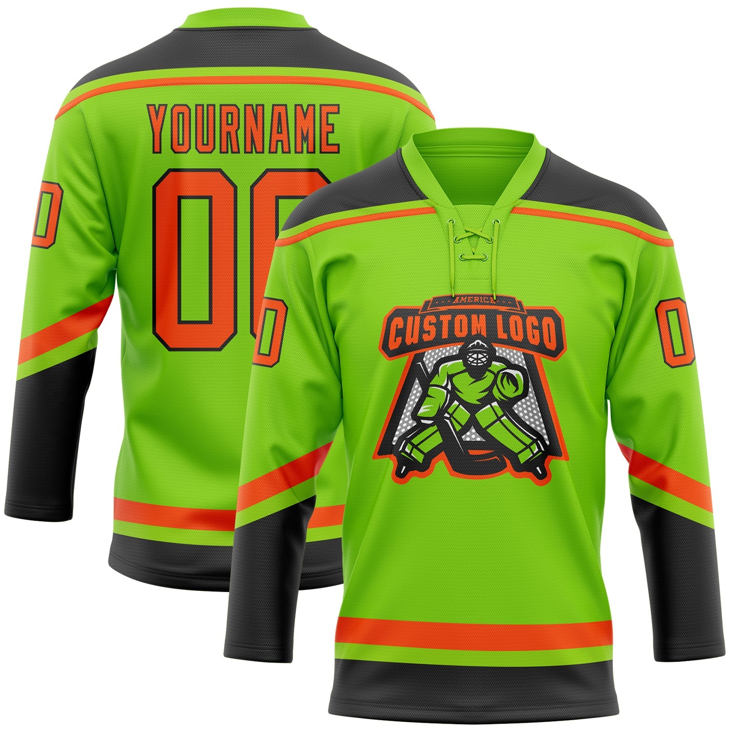 Custom Neon Green Orange-Black Hockey Lace Neck Jersey view 2