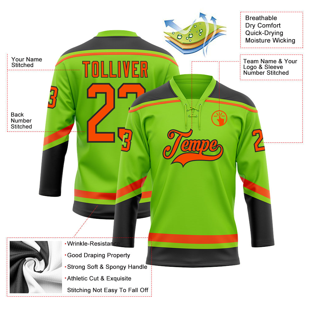Custom Neon Green Orange-Black Hockey Lace Neck Jersey view 3