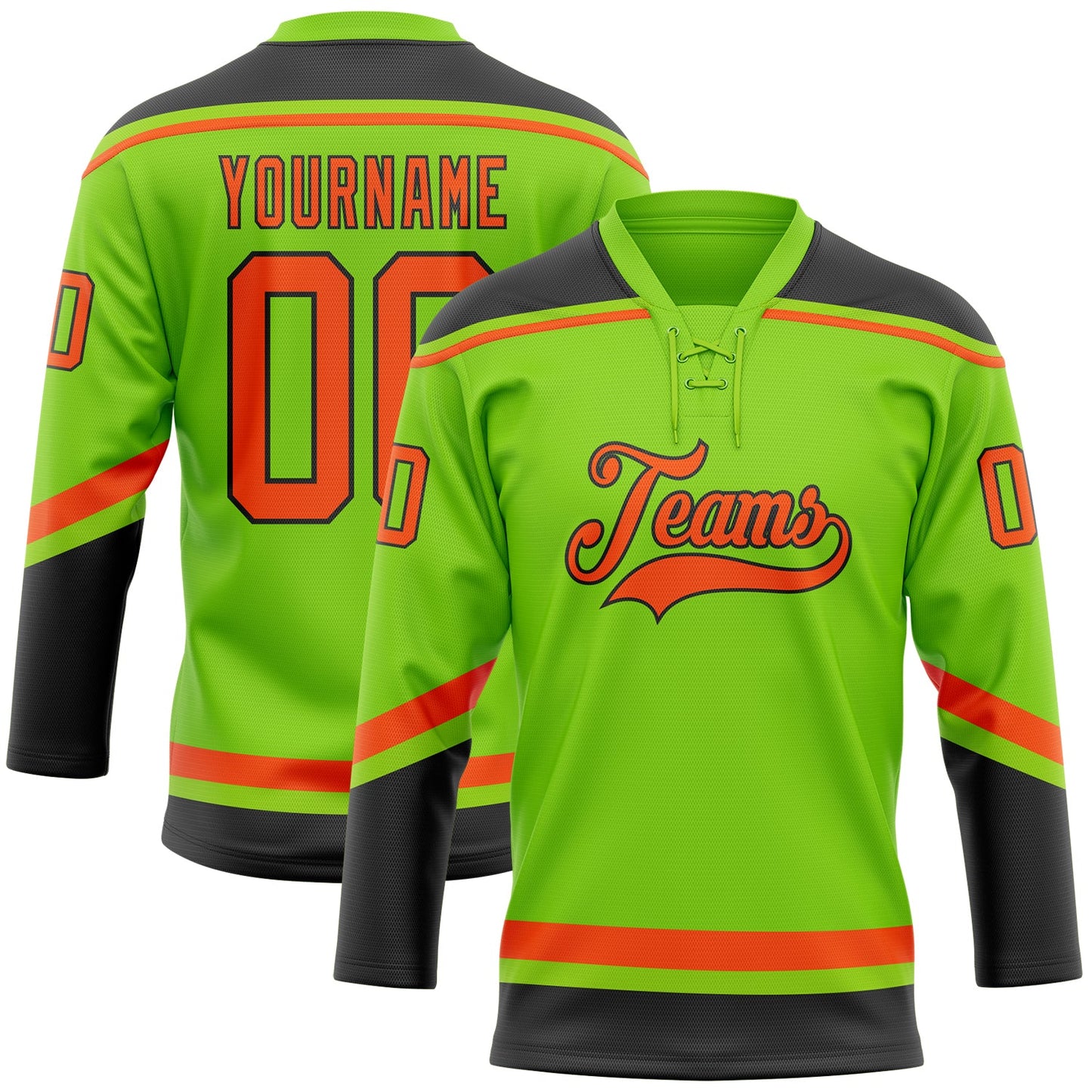 Custom Neon Green Orange-Black Hockey Lace Neck Jersey - Main View