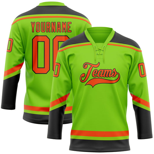 Custom Neon Green Orange-Black Hockey Lace Neck Jersey - Main View