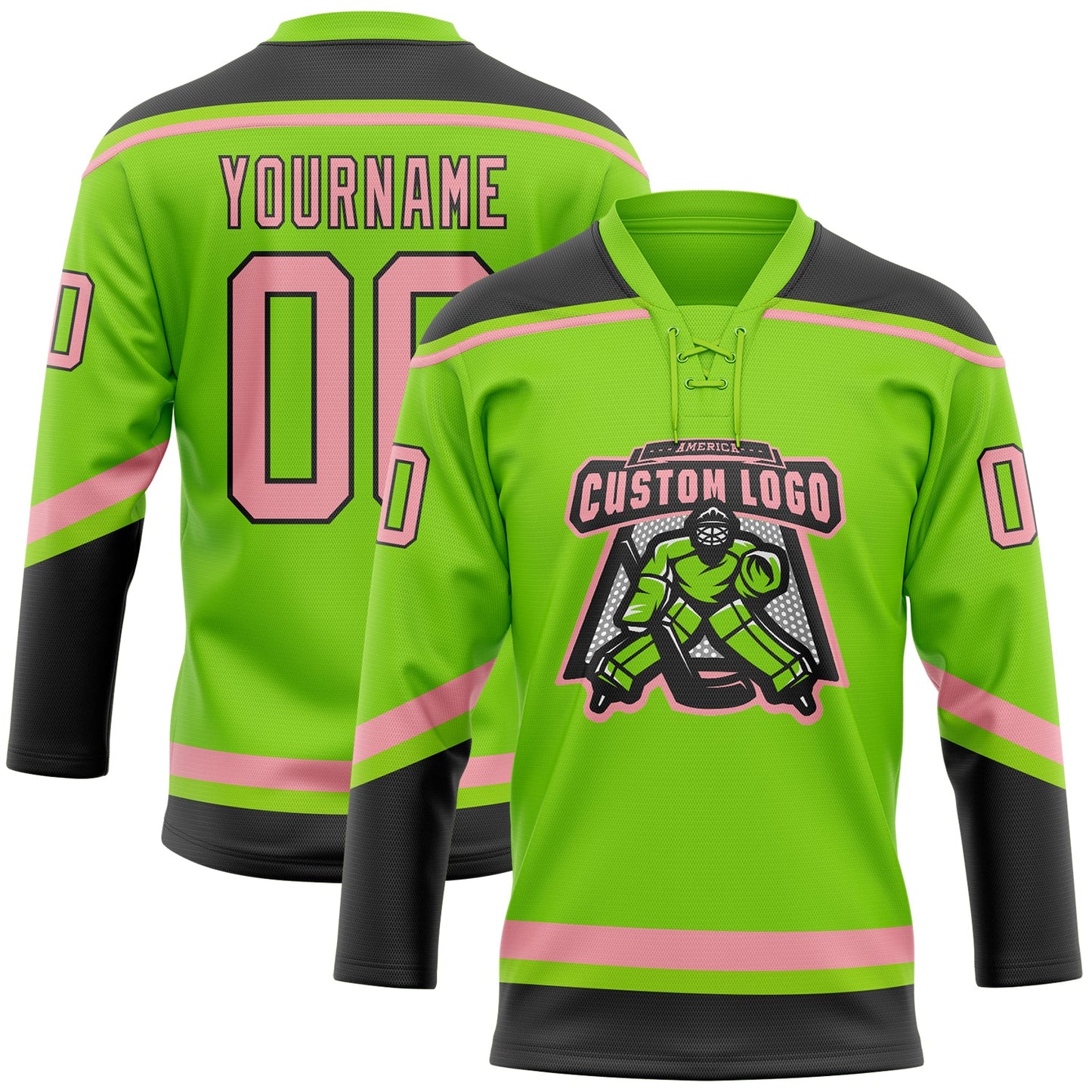 Custom Neon Green Medium Pink-Black Hockey Lace Neck Jersey view 2