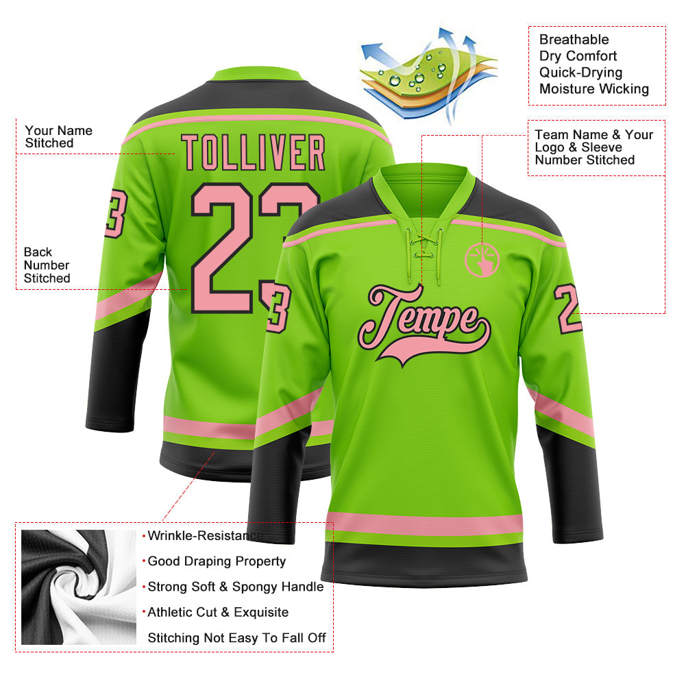 Custom Neon Green Medium Pink-Black Hockey Lace Neck Jersey view 3