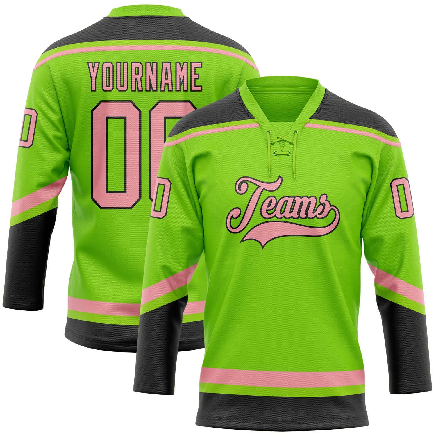 Custom Neon Green Medium Pink-Black Hockey Lace Neck Jersey - Main View
