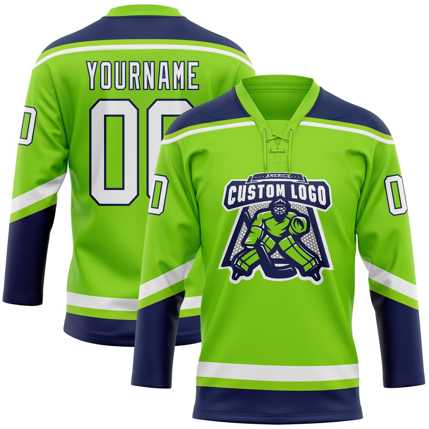 Custom Neon Green White-Navy Hockey Lace Neck Jersey view 2