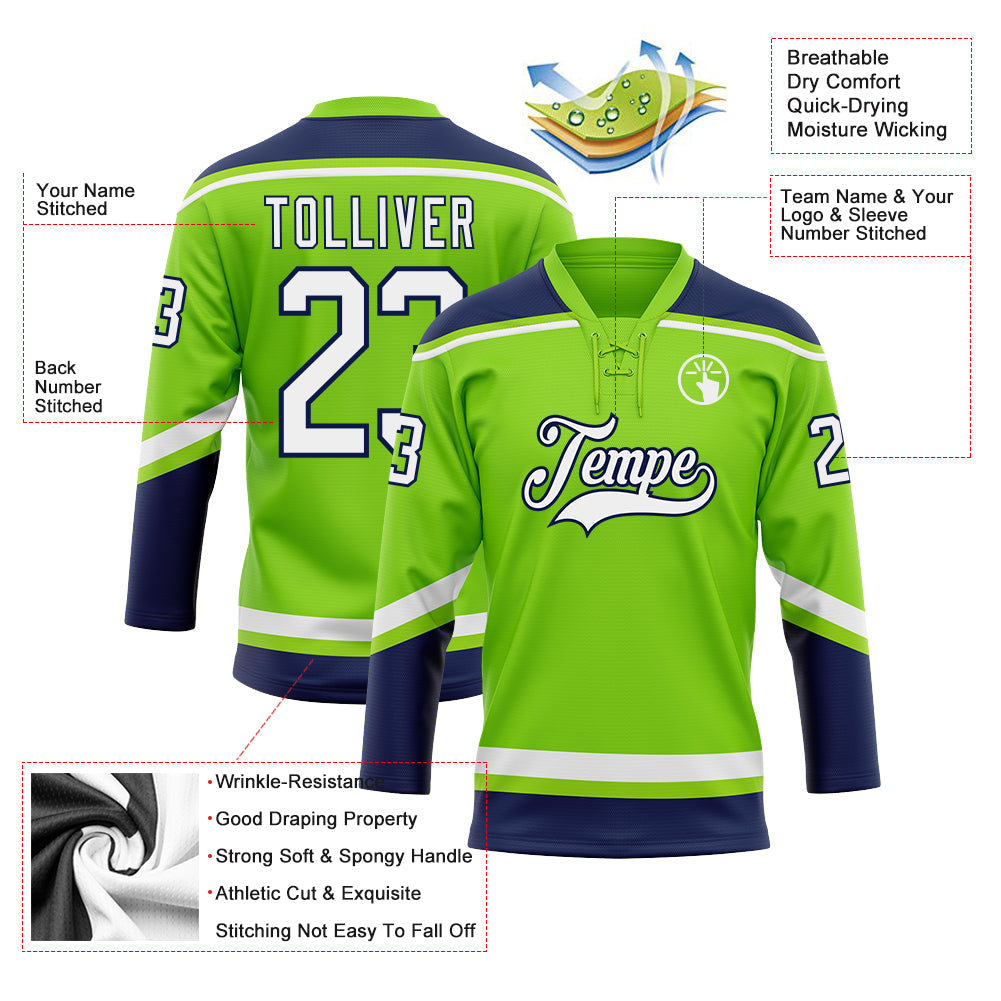 Custom Neon Green White-Navy Hockey Lace Neck Jersey view 3