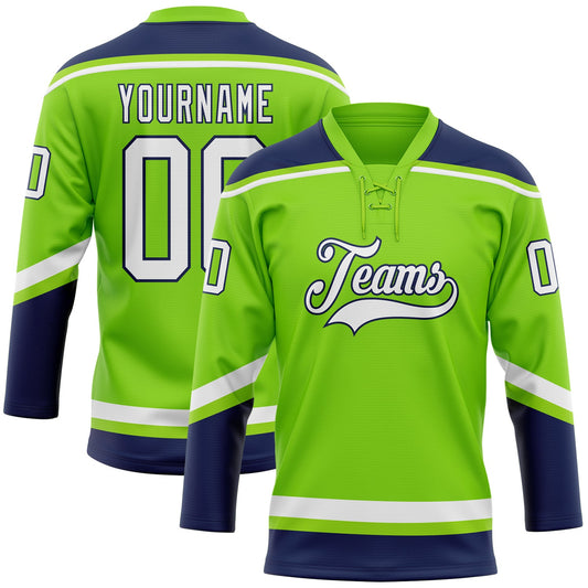 Custom Neon Green White-Navy Hockey Lace Neck Jersey - Main View