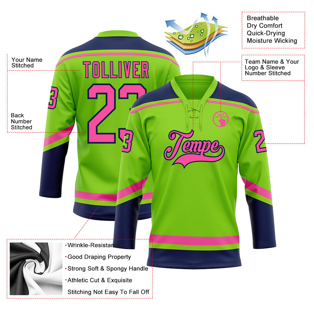 Custom Neon Green Pink-Navy Hockey Lace Neck Jersey view 3