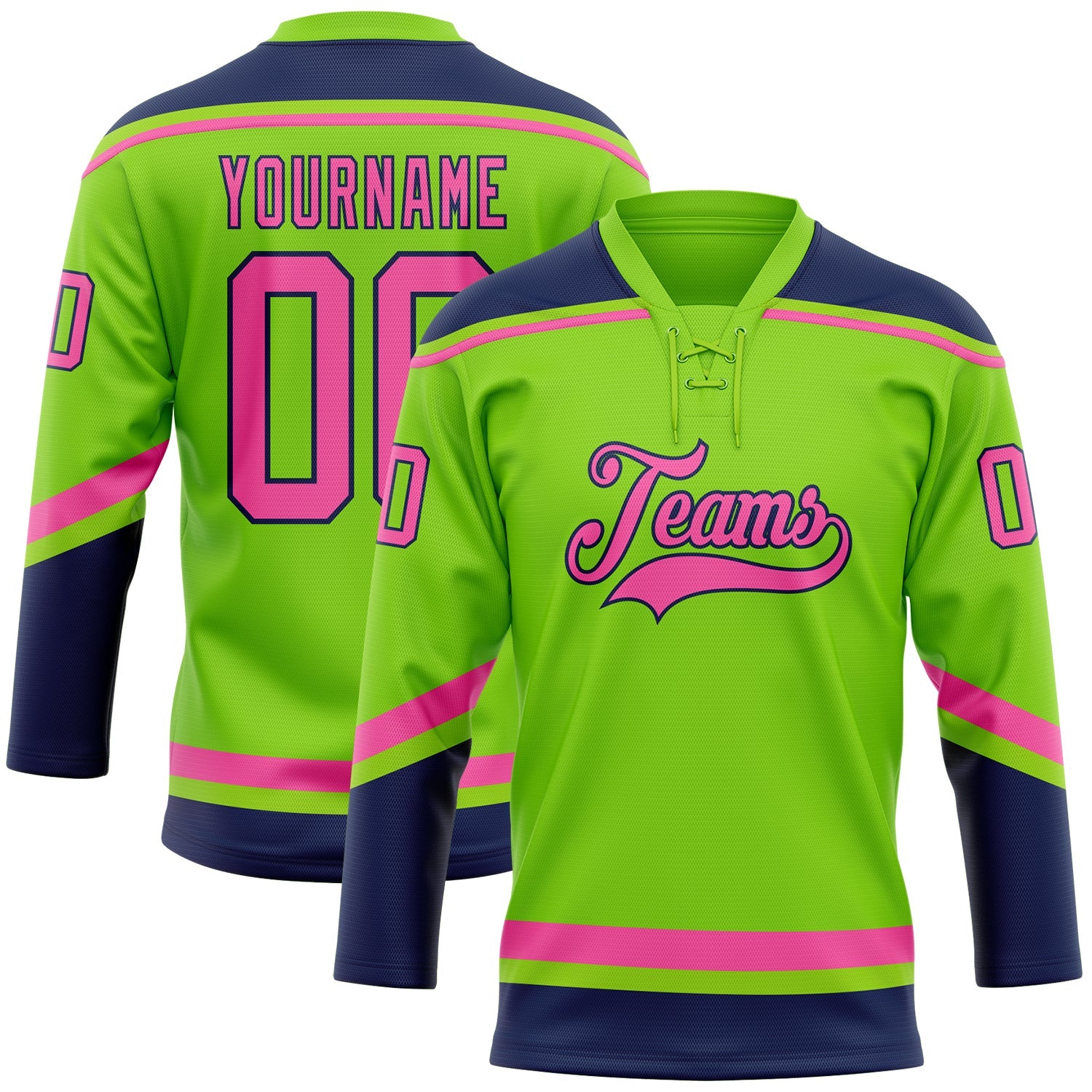Custom Neon Green Pink-Navy Hockey Lace Neck Jersey - Main View