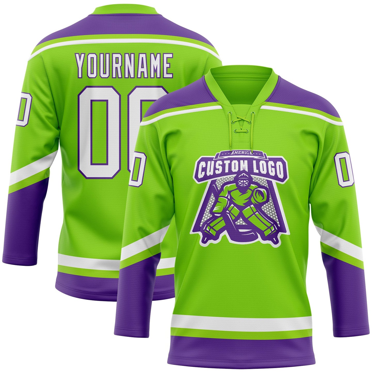 Custom Neon Green White-Purple Hockey Lace Neck Jersey view 2