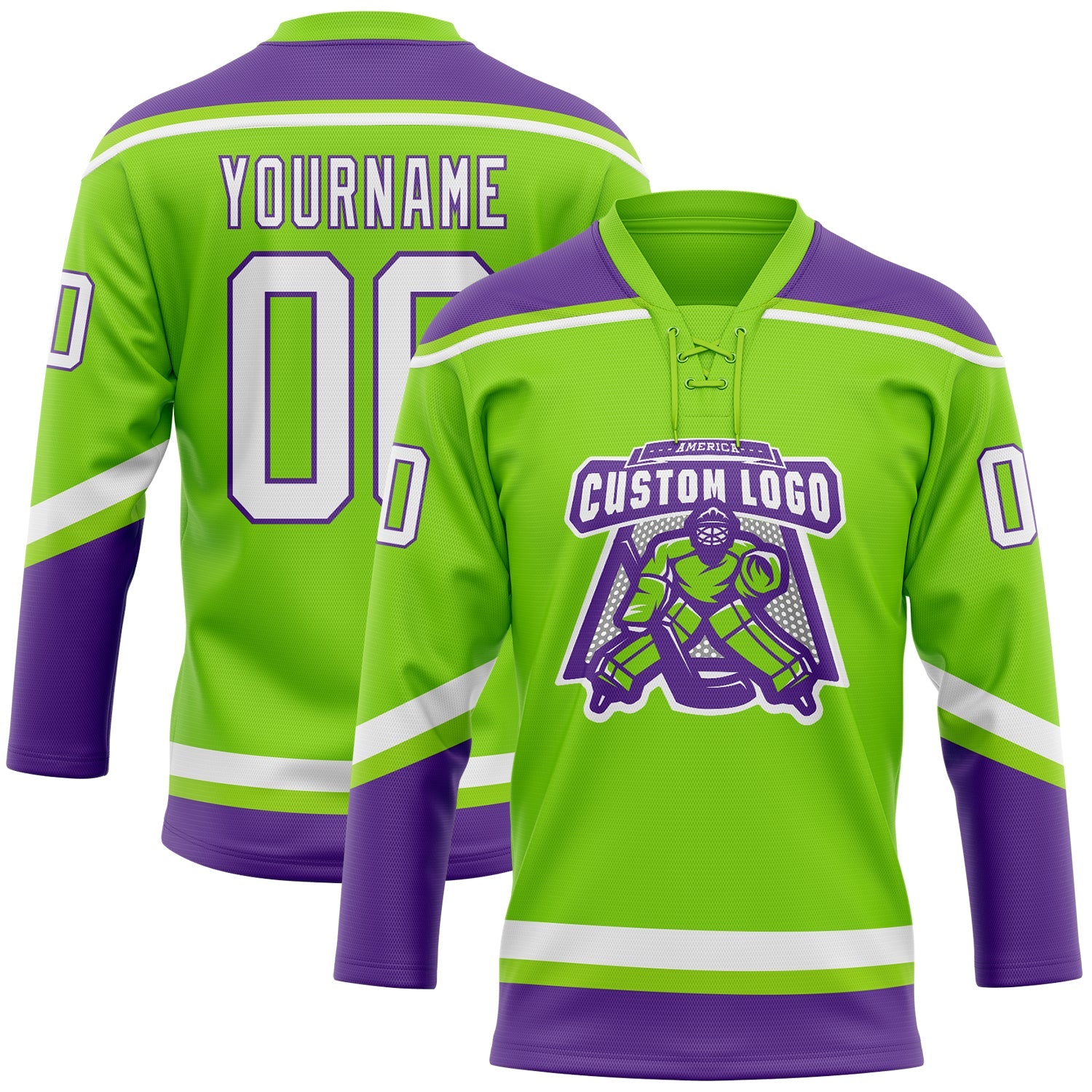 Custom Neon Green White-Purple Hockey Lace Neck Jersey view 2