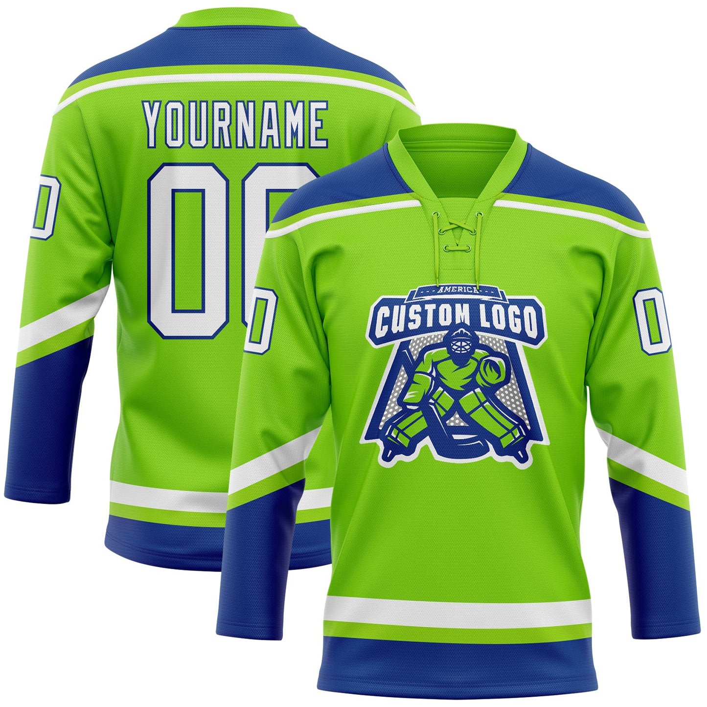 Custom Neon Green White-Royal Hockey Lace Neck Jersey view 2