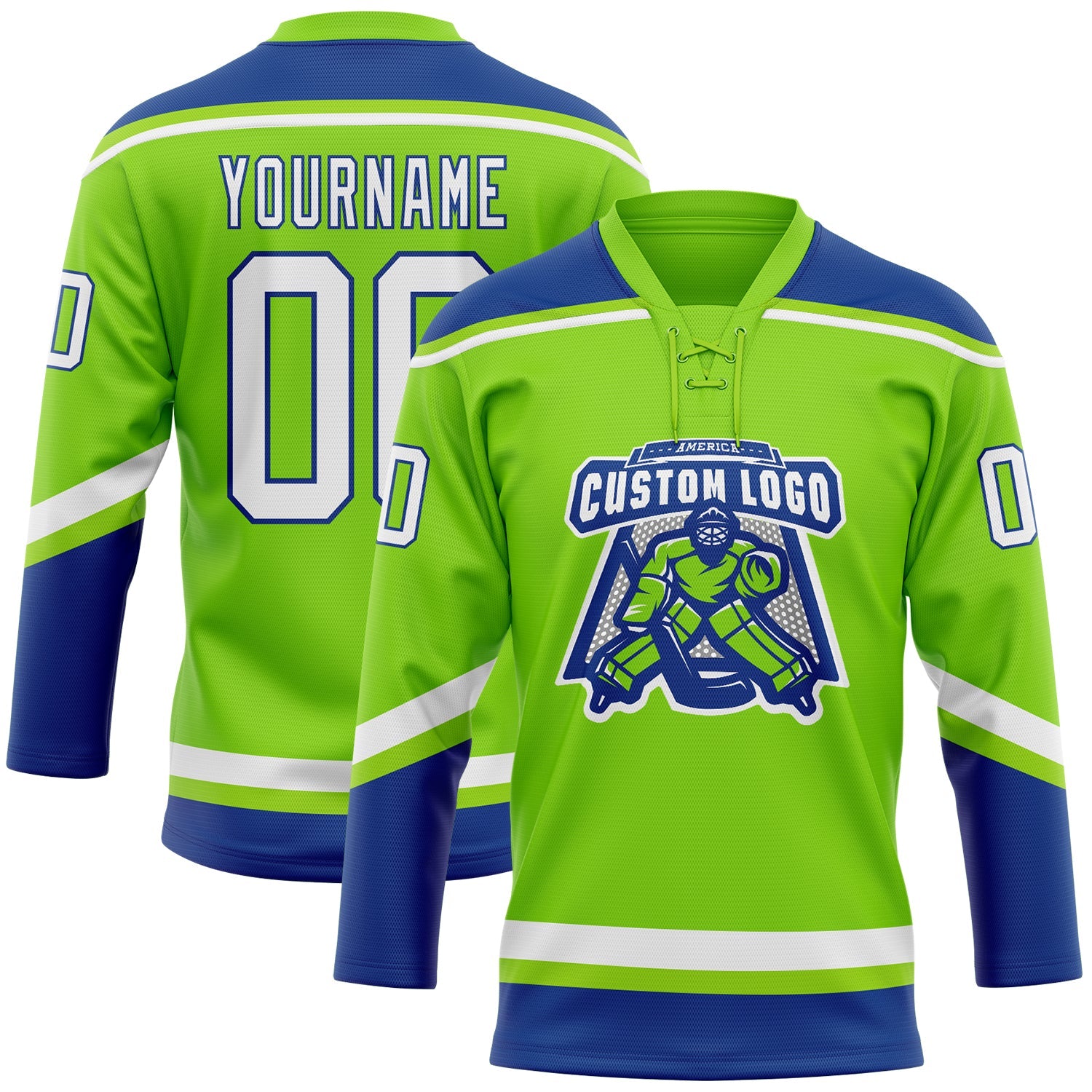 Custom Neon Green White-Royal Hockey Lace Neck Jersey view 2