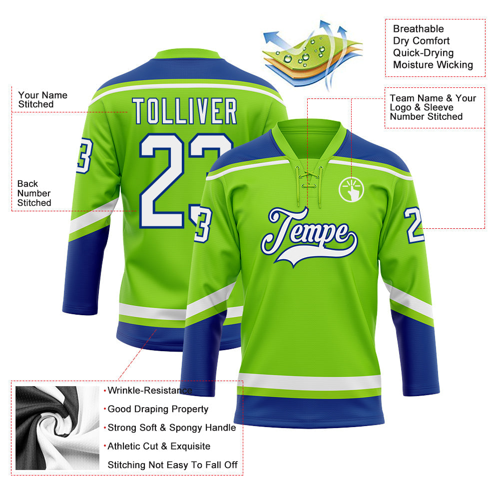Custom Neon Green White-Royal Hockey Lace Neck Jersey view 3