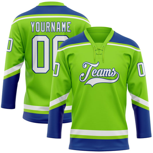Custom Neon Green White-Royal Hockey Lace Neck Jersey - Main View