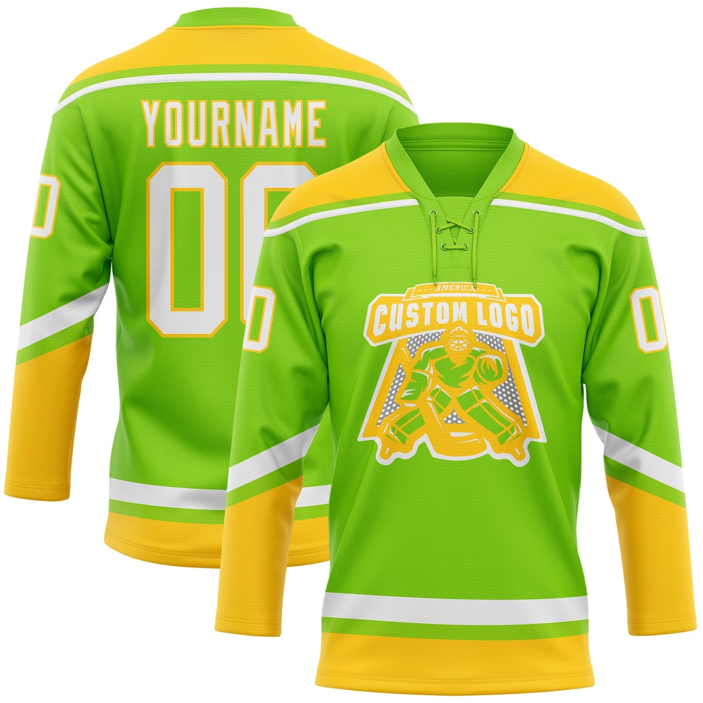 Custom Neon Green White-Yellow Hockey Lace Neck Jersey view 2