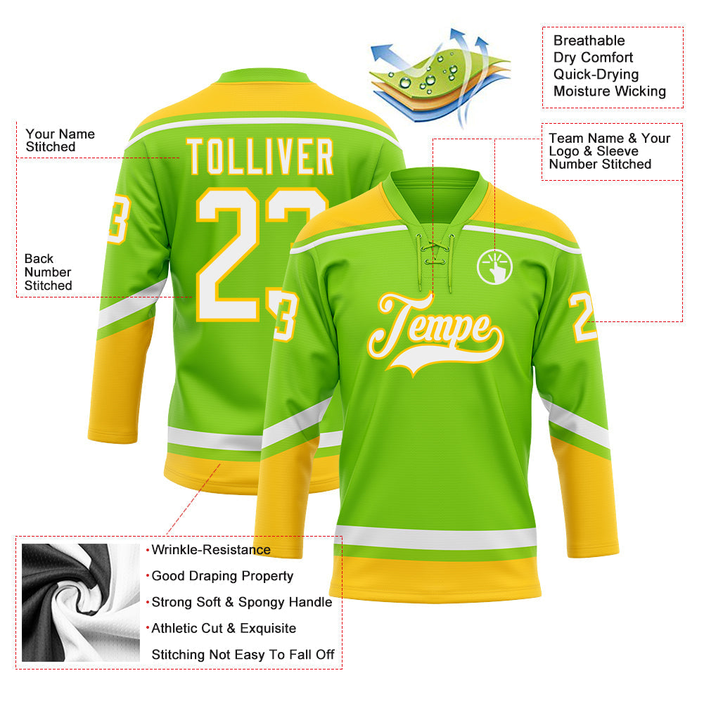 Custom Neon Green White-Yellow Hockey Lace Neck Jersey view 3