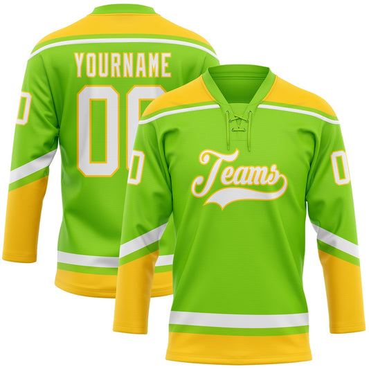 Custom Neon Green White-Yellow Hockey Lace Neck Jersey - Main View