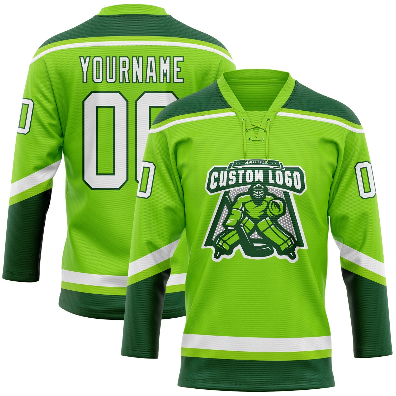 Custom Neon Green White-Green Hockey Lace Neck Jersey view 2