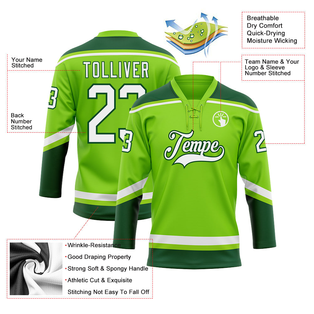 Custom Neon Green White-Green Hockey Lace Neck Jersey view 3