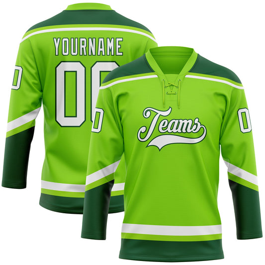 Custom Neon Green White-Green Hockey Lace Neck Jersey - Main View