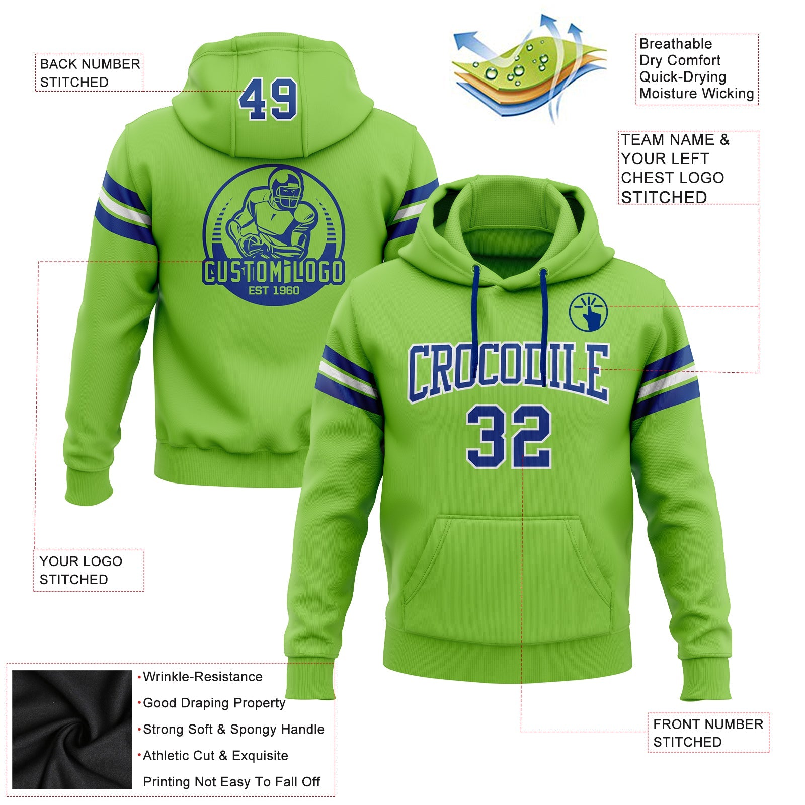 Custom Stitched Neon Green Royal-White Football Pullover Sweatshirt Hoodie view 2