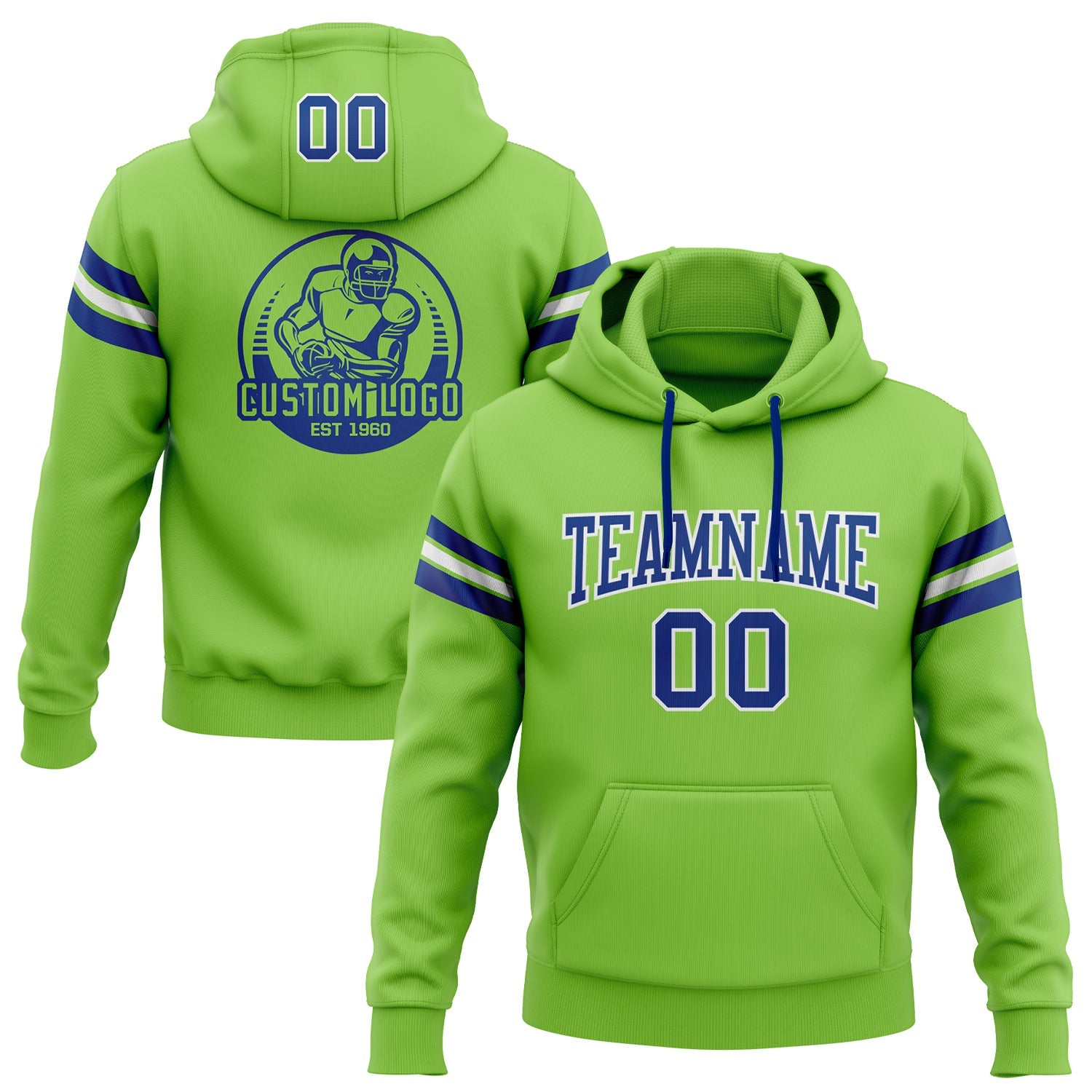 Custom Stitched Neon Green Royal-White Football Pullover Sweatshirt Hoodie - Main View