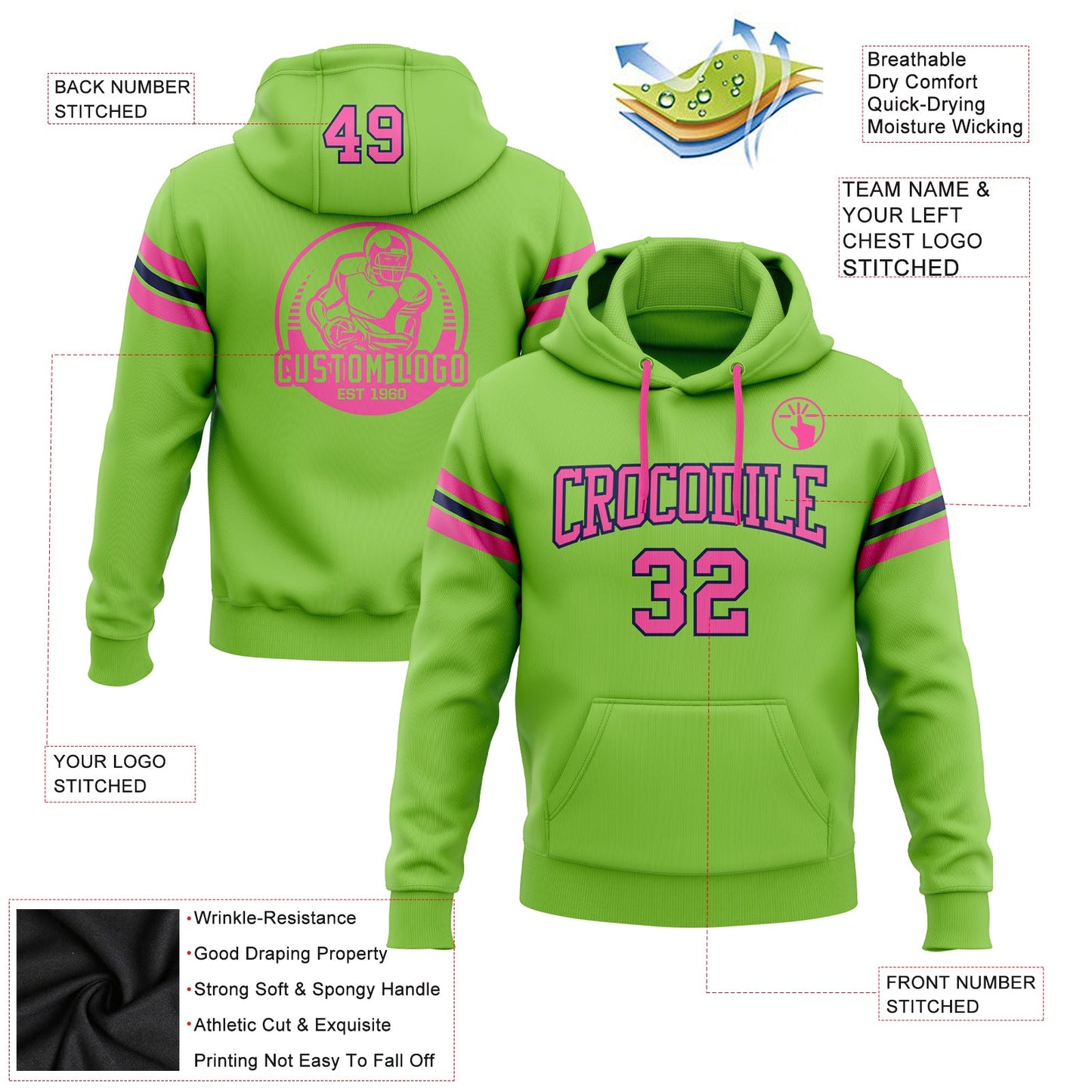 Custom Stitched Neon Green Pink-Navy Football Pullover Sweatshirt Hoodie view 2