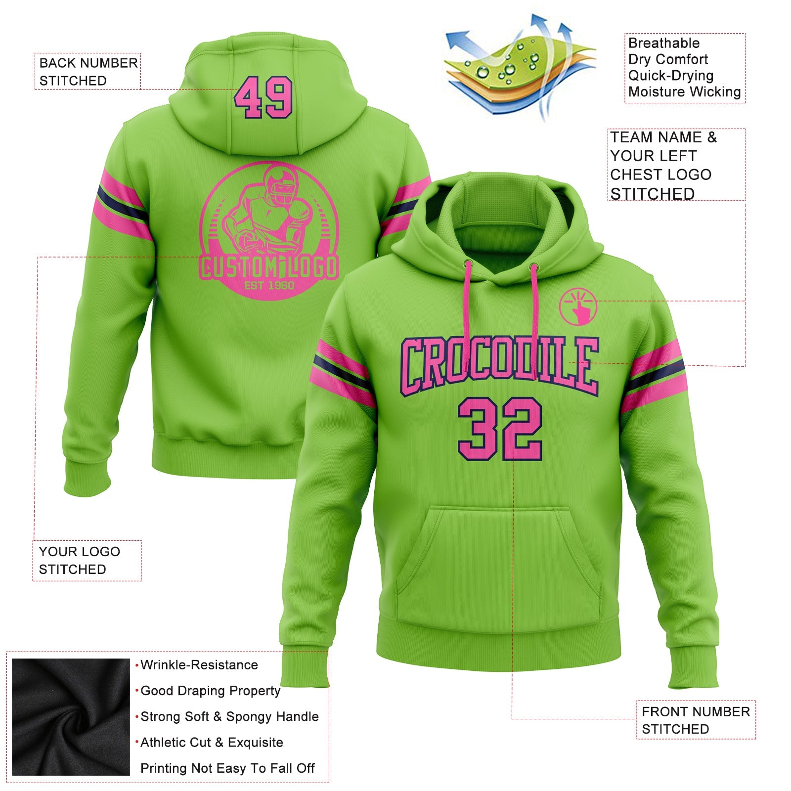 Custom Stitched Neon Green Pink-Navy Football Pullover Sweatshirt Hoodie view 2