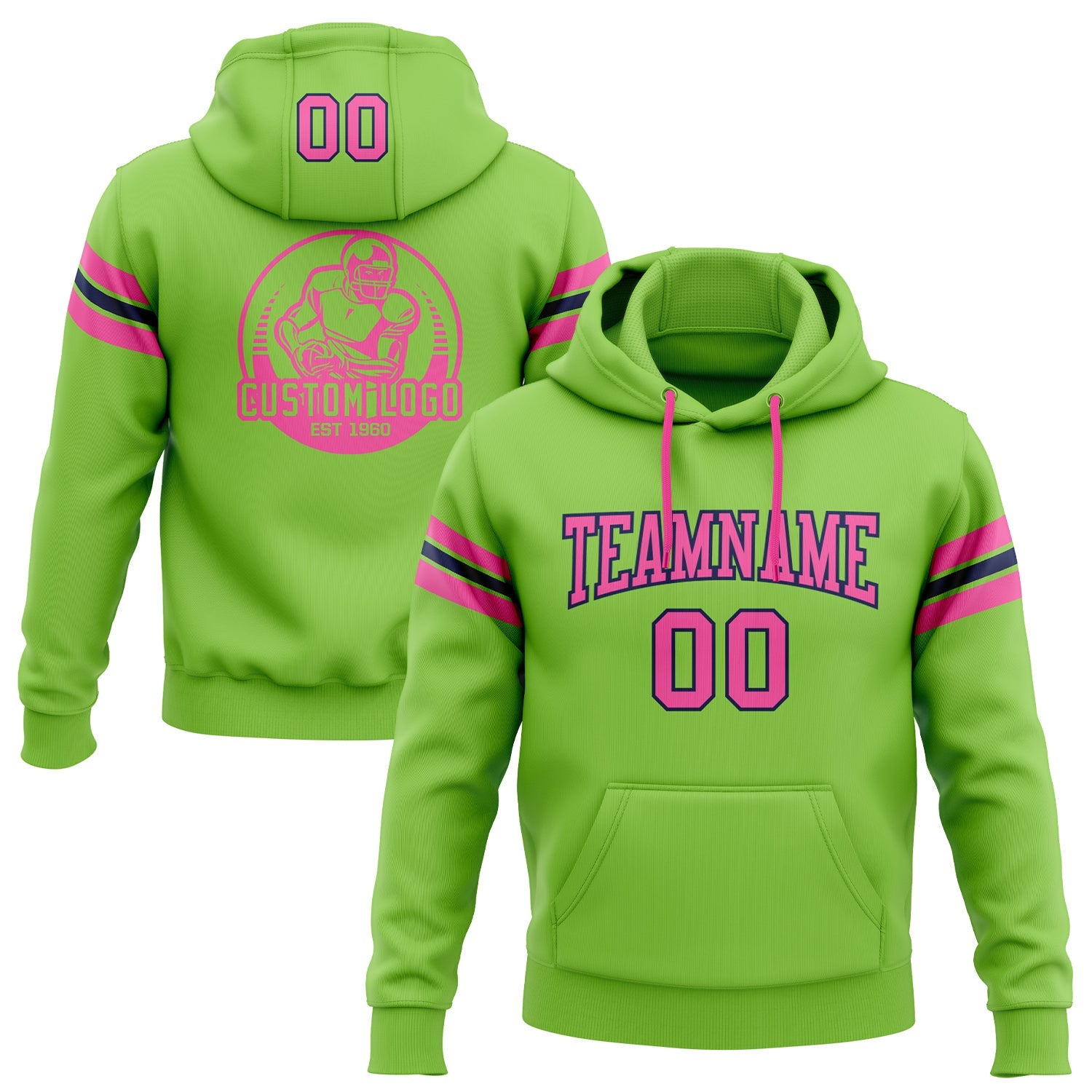 Custom Stitched Neon Green Pink-Navy Football Pullover Sweatshirt Hoodie - Main View
