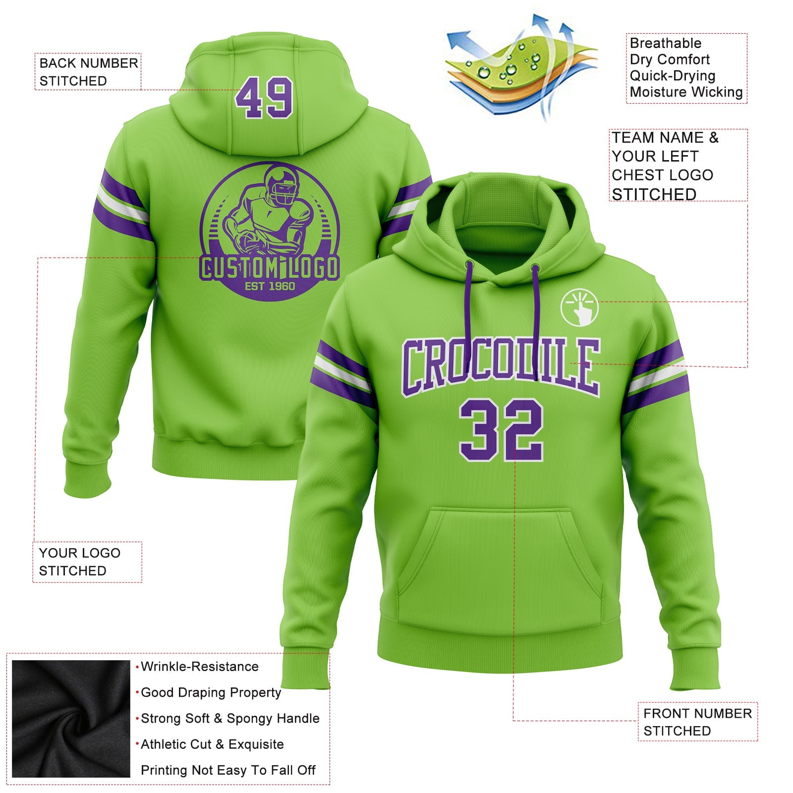 Custom Stitched Neon Green Purple-White Football Pullover Sweatshirt Hoodie view 2
