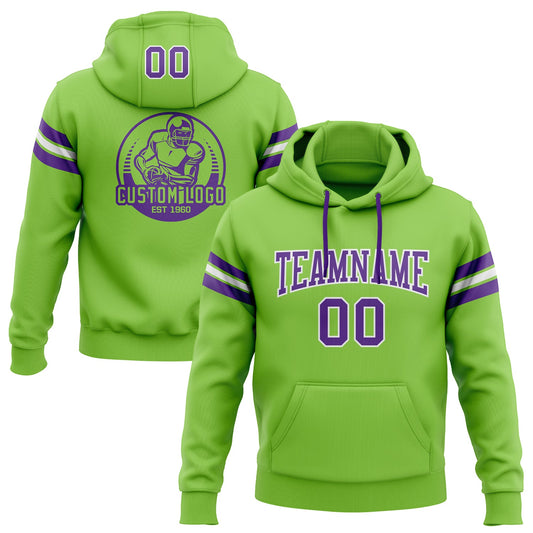 Custom Stitched Neon Green Purple-White Football Pullover Sweatshirt Hoodie - Main View