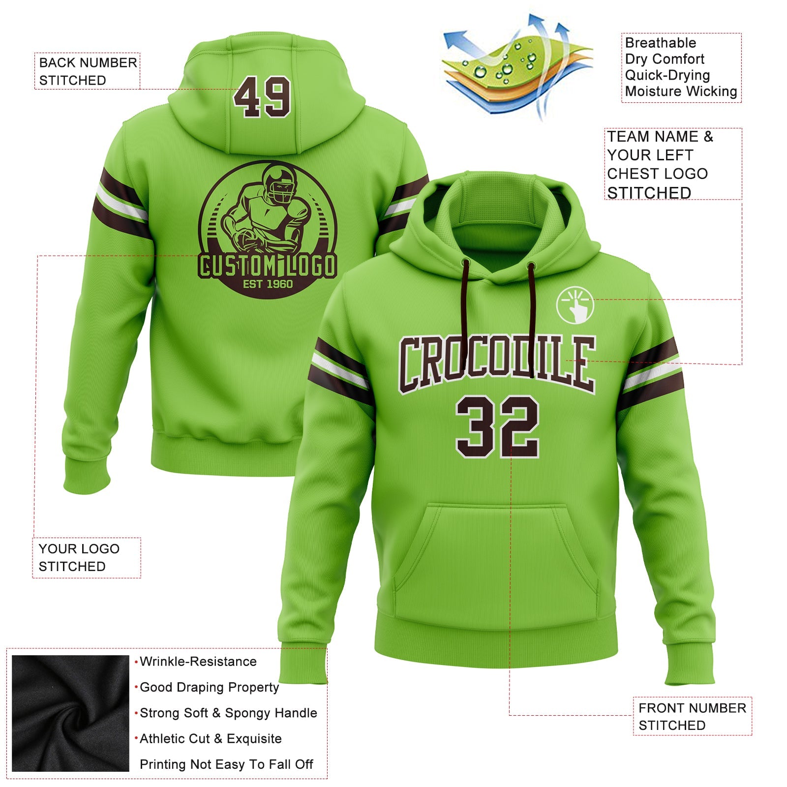 Custom Stitched Neon Green Brown-White Football Pullover Sweatshirt Hoodie view 2